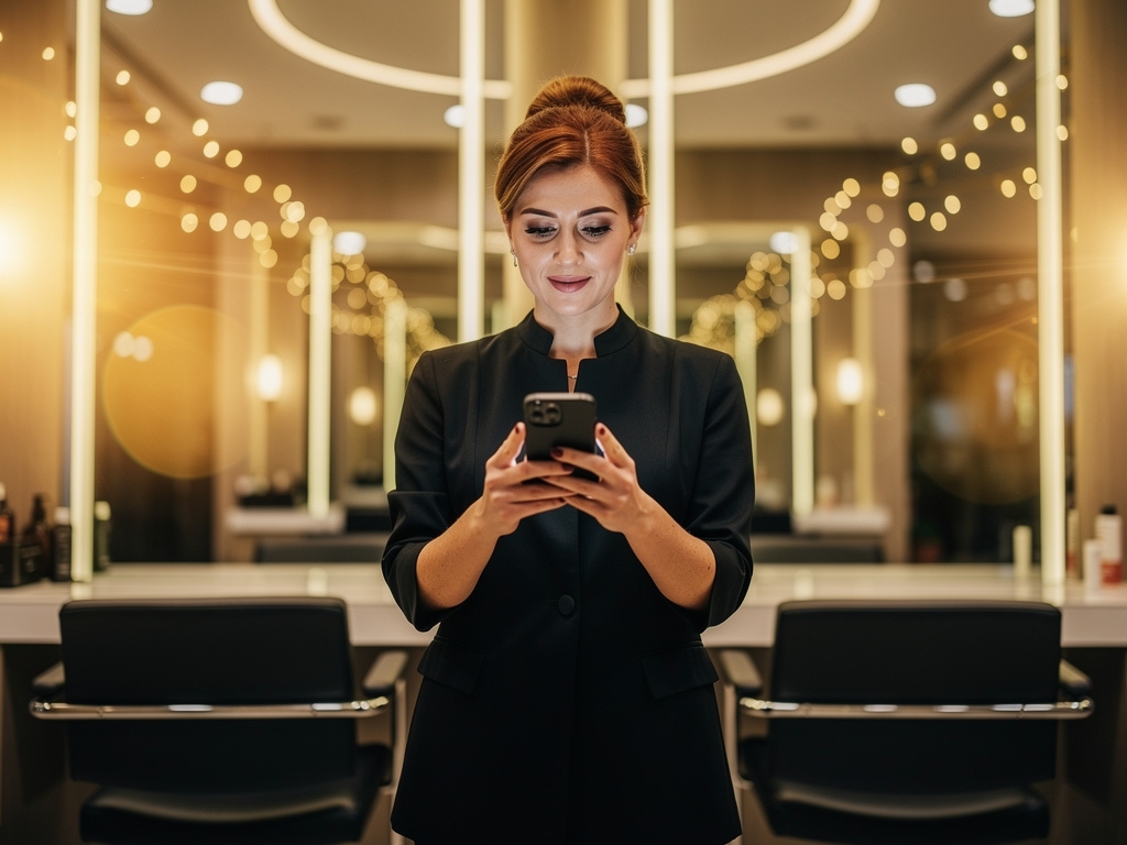 Fryzjerka sprawdza komentarze klientów na telefonie